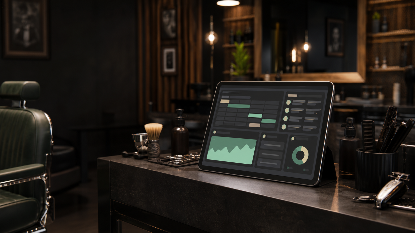 Balcão de barbearia com tablet exibindo agenda e indicadores financeiros